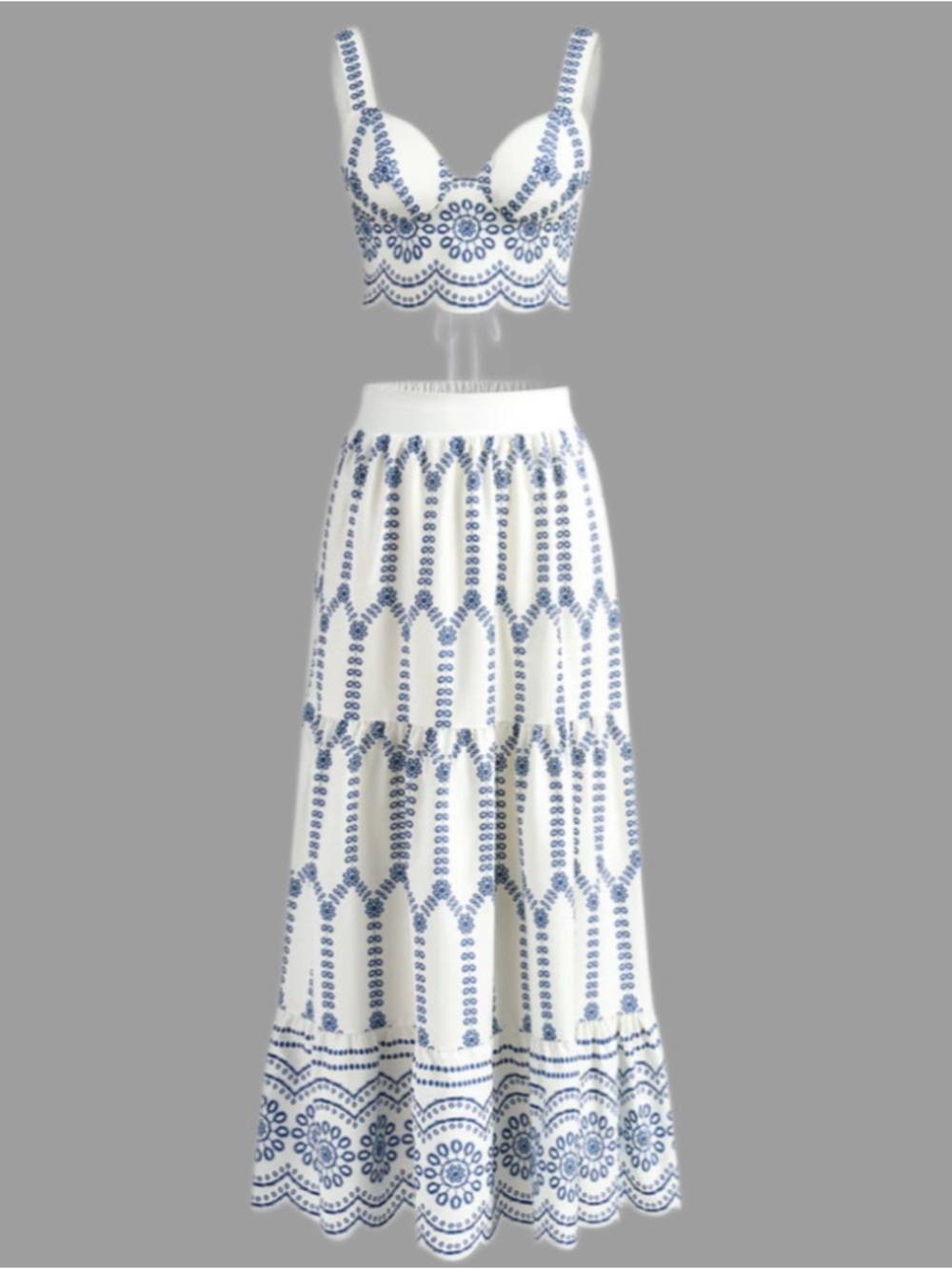 NWT Commense Maxi Skirt & Corset Back Crop Top 2 Piece Set Blue & White Size Sm